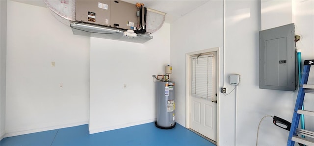 interior space with water heater and electric panel