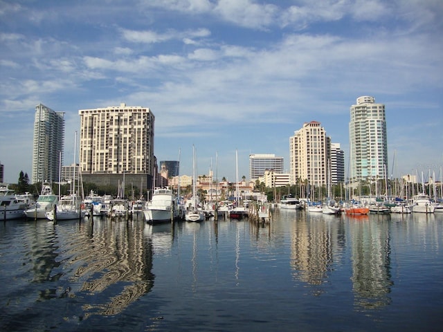 water view featuring a view of city and a dock