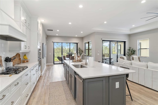 kitchen featuring light wood finished floors, stainless steel appliances, gray cabinets, custom range hood, and a sink