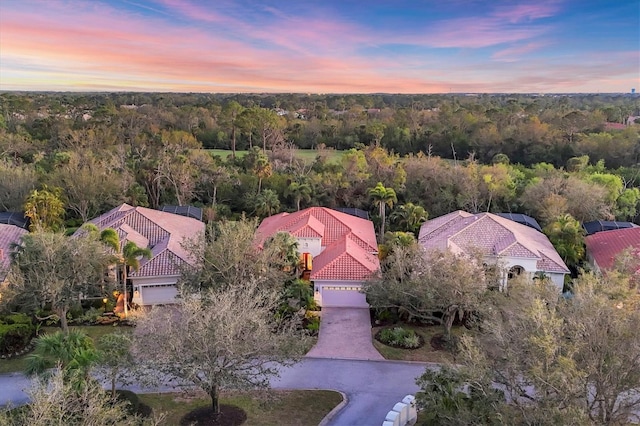 bird's eye view with a wooded view