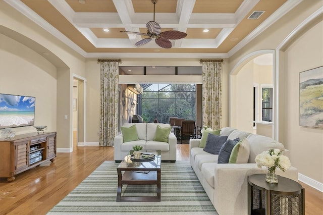 living room with a high ceiling, wood finished floors, and visible vents