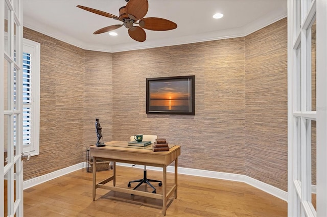 office space with baseboards, french doors, recessed lighting, and light wood-style floors