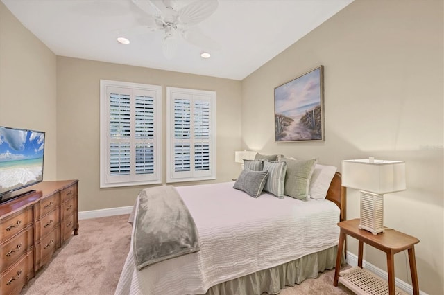 bedroom featuring baseboards, ceiling fan, recessed lighting, and light colored carpet