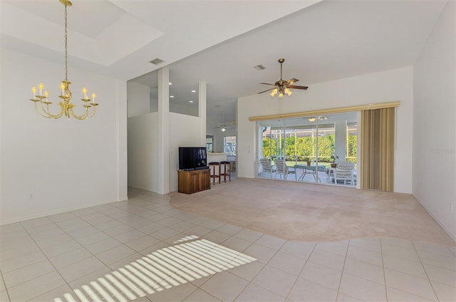 unfurnished living room featuring light tile patterned floors, visible vents, light carpet, and ceiling fan with notable chandelier