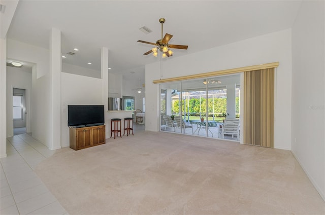 carpeted living room featuring recessed lighting, visible vents, ceiling fan, and a sunroom