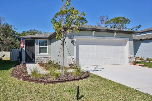 ranch-style house featuring stucco siding, concrete driveway, an attached garage, stone siding, and a front lawn