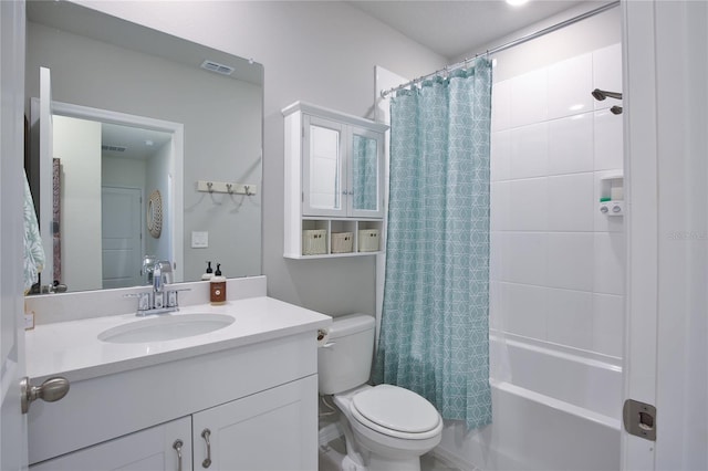 bathroom featuring toilet, shower / bath combo, vanity, and visible vents