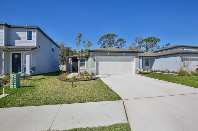 view of front of property with a garage, concrete driveway, stone siding, stucco siding, and a front yard