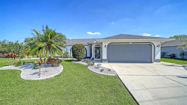 ranch-style home featuring a garage, driveway, roof with shingles, stucco siding, and a front lawn