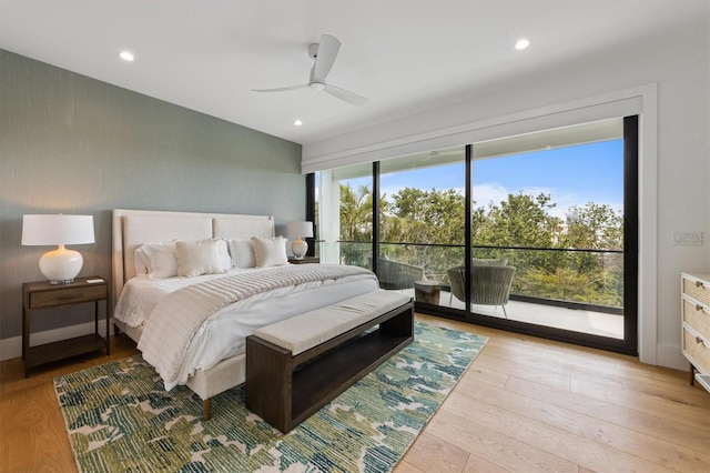 bedroom featuring access to exterior, recessed lighting, ceiling fan, and wood finished floors