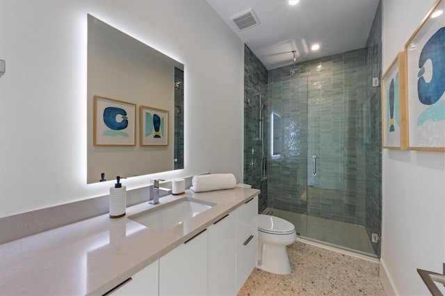 bathroom featuring vanity, visible vents, speckled floor, a stall shower, and toilet