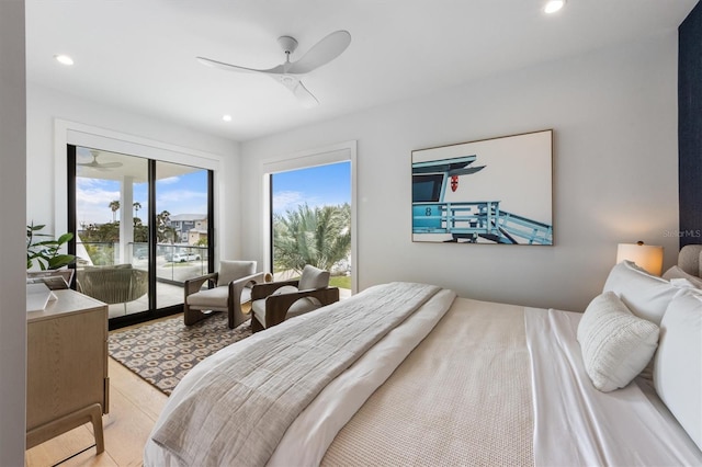 bedroom with access to exterior, recessed lighting, and ceiling fan