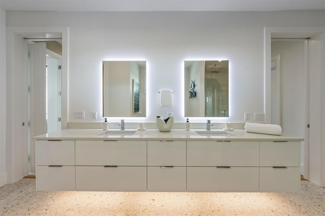 full bathroom featuring a sink, walk in shower, and double vanity