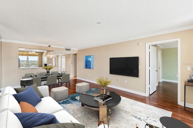 living area featuring baseboards, a textured ceiling, ornamental molding, and wood finished floors