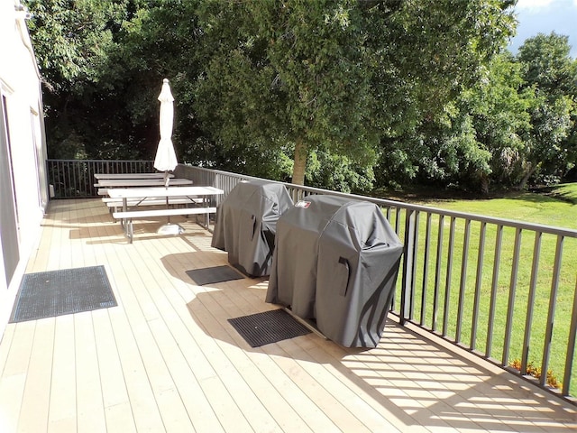 wooden deck featuring a yard