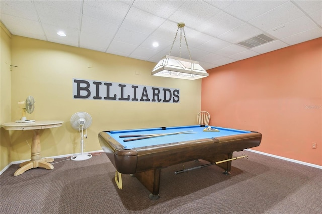 game room with a drop ceiling, carpet flooring, visible vents, and baseboards