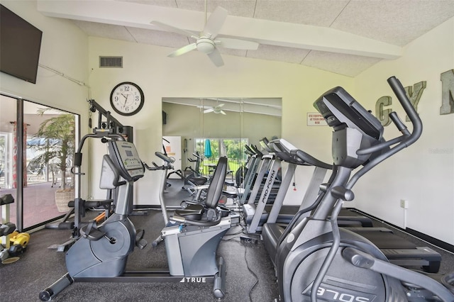 workout area with ceiling fan, visible vents, and vaulted ceiling