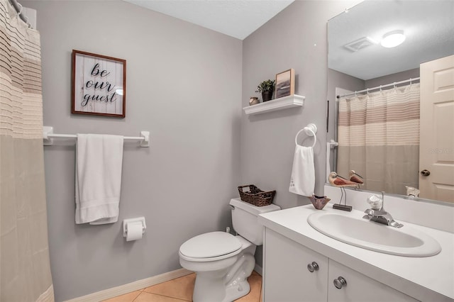 full bath featuring visible vents, baseboards, toilet, tile patterned flooring, and vanity