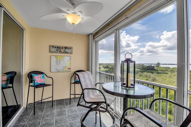 interior space featuring ceiling fan