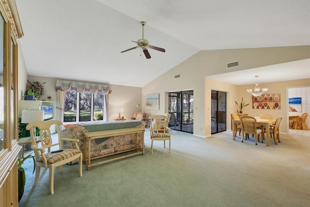 bedroom with high vaulted ceiling, light colored carpet, visible vents, and access to exterior