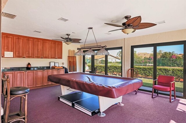 rec room featuring billiards, visible vents, dark colored carpet, and a ceiling fan