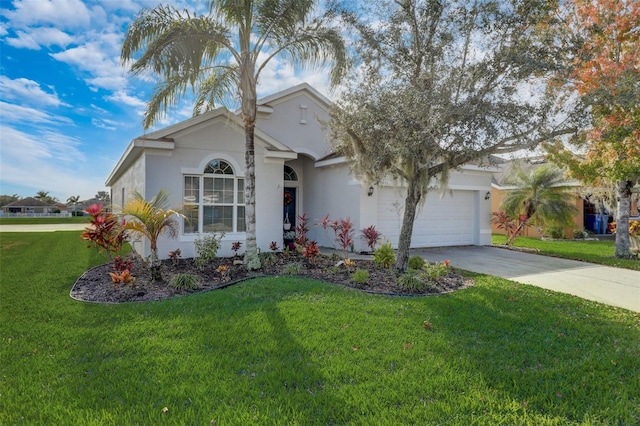 ranch-style house featuring a garage, driveway, a front lawn, and stucco siding