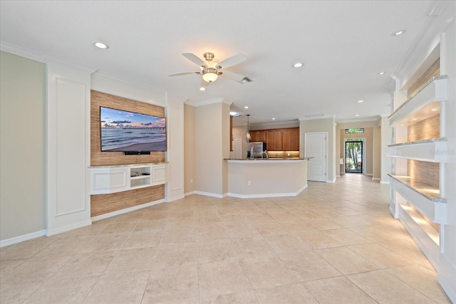 unfurnished living room featuring ornamental molding, recessed lighting, light tile patterned floors, and a ceiling fan