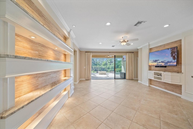 unfurnished living room featuring light tile patterned floors, ornamental molding, and visible vents