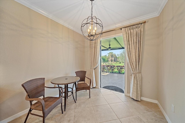 living area with light tile patterned floors, baseboards, ornamental molding, and an inviting chandelier