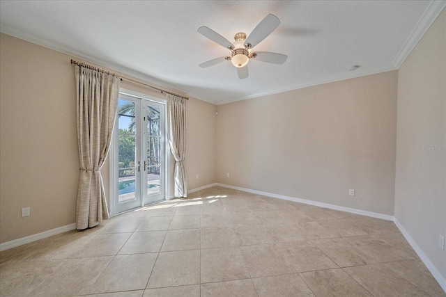 unfurnished room with light tile patterned floors, baseboards, ceiling fan, ornamental molding, and french doors