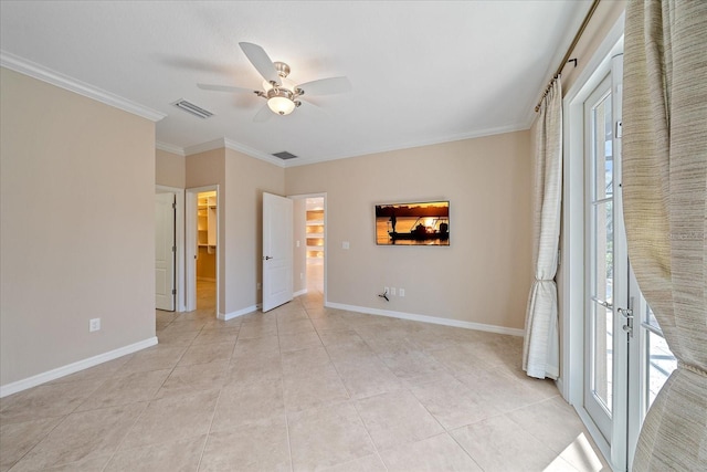 unfurnished bedroom with light tile patterned floors, baseboards, visible vents, and ornamental molding