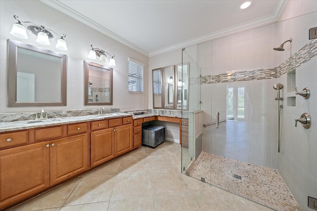 full bath featuring crown molding, double vanity, a stall shower, a sink, and tile patterned floors