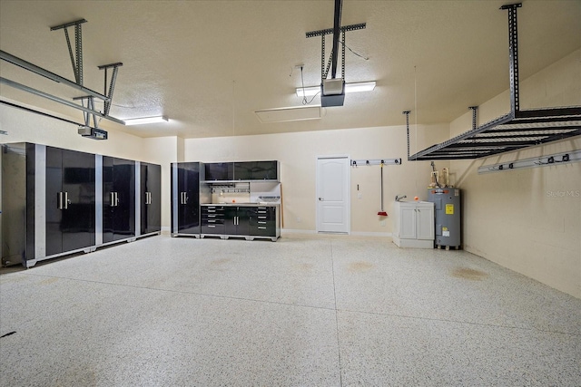 garage with electric water heater and a garage door opener