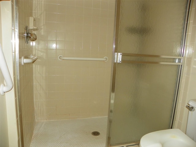 bathroom with toilet and a shower stall