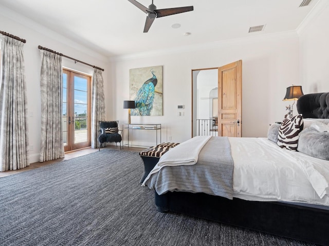 bedroom featuring ceiling fan, visible vents, access to exterior, french doors, and ornamental molding