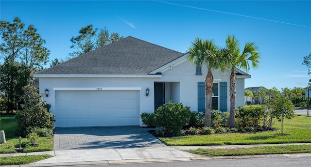 ranch-style house with a garage, a shingled roof, decorative driveway, and stucco siding