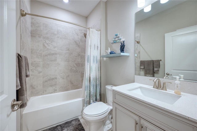 full bath featuring shower / tub combo, vanity, and toilet