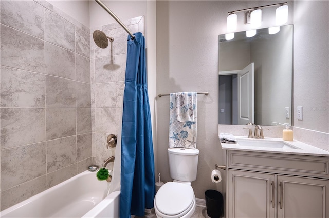 full bathroom featuring toilet, shower / tub combo with curtain, and vanity