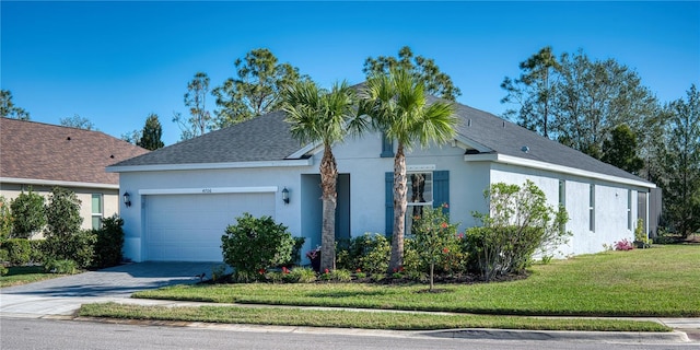 single story home featuring a garage, a shingled roof, driveway, stucco siding, and a front lawn