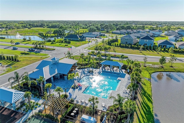 aerial view featuring a water view and a residential view