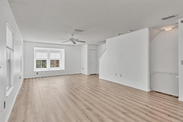 unfurnished living room featuring light wood finished floors, baseboards, visible vents, and a ceiling fan