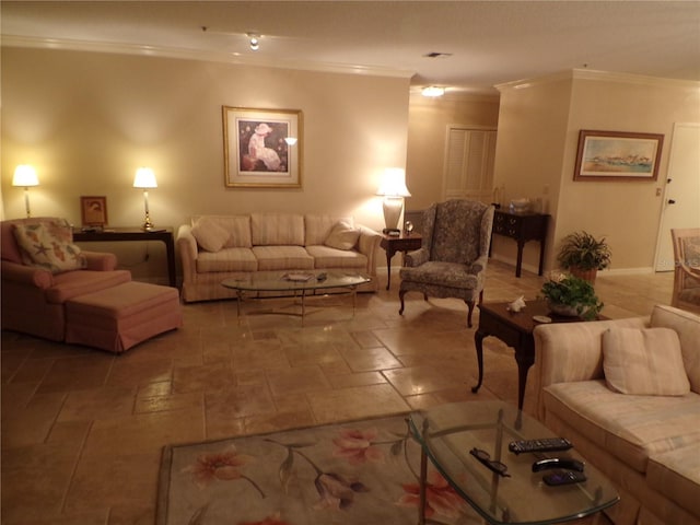 living area featuring ornamental molding, stone tile flooring, and baseboards