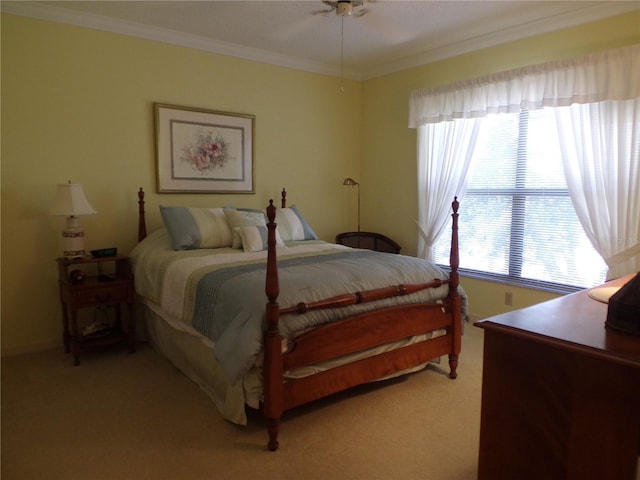 bedroom featuring light colored carpet and crown molding