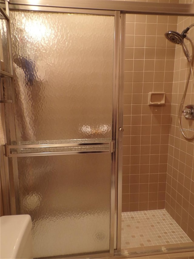 bathroom with toilet and a stall shower