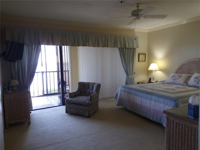 carpeted bedroom with access to exterior, crown molding, and a ceiling fan