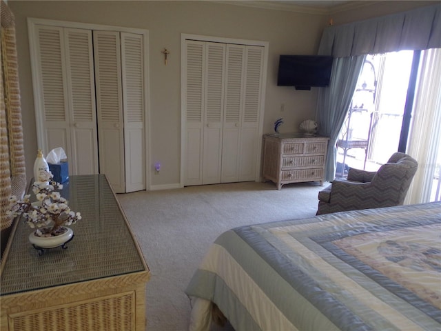 carpeted bedroom featuring crown molding, baseboards, and two closets