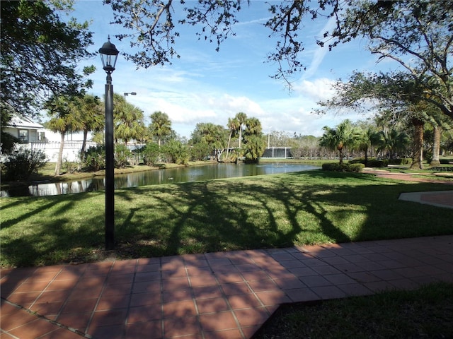 view of community featuring a water view and a yard