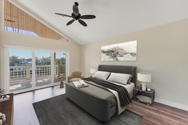 bedroom featuring high vaulted ceiling, baseboards, access to exterior, a ceiling fan, and wood finished floors