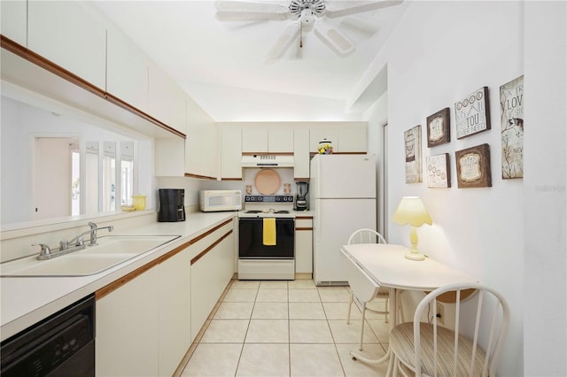 kitchen featuring white appliances, light tile patterned floors, a sink, light countertops, and under cabinet range hood