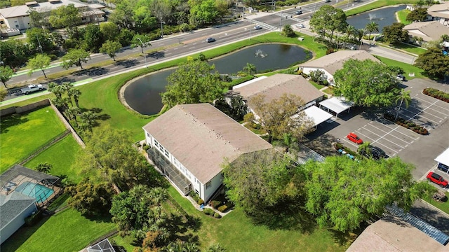 aerial view featuring a residential view and a water view